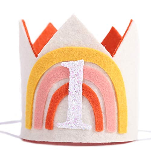 Neutral Rainbow Cake Topper Bohemian Crown Hat for Baby Girls First Birthday Cake Smash Party Decorations Boho Rainbow Highchair Banner Set of 3 